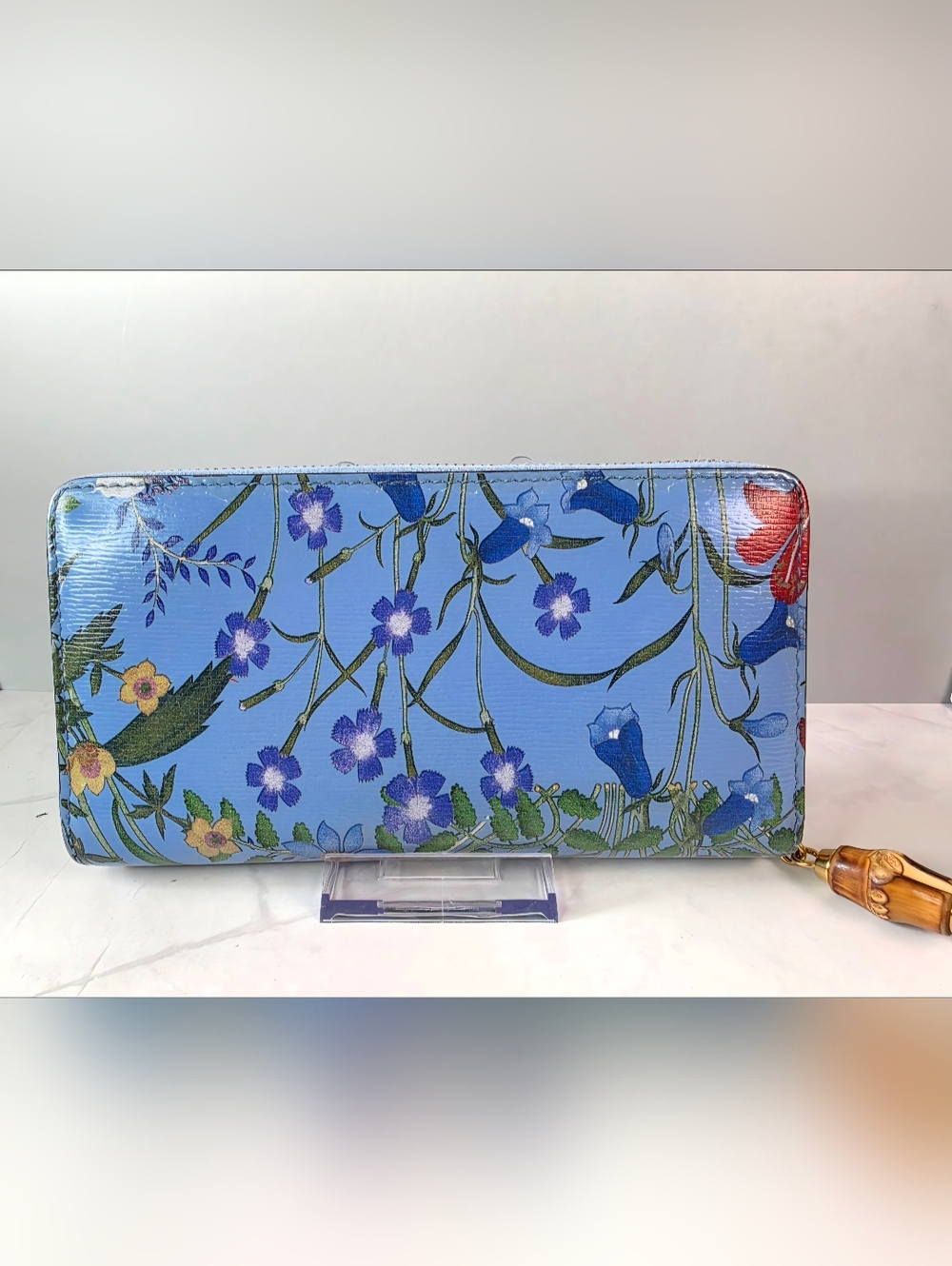 Gucci Blue Flora Zip Wallet with Bamboo Pull - Picture 3 of 11